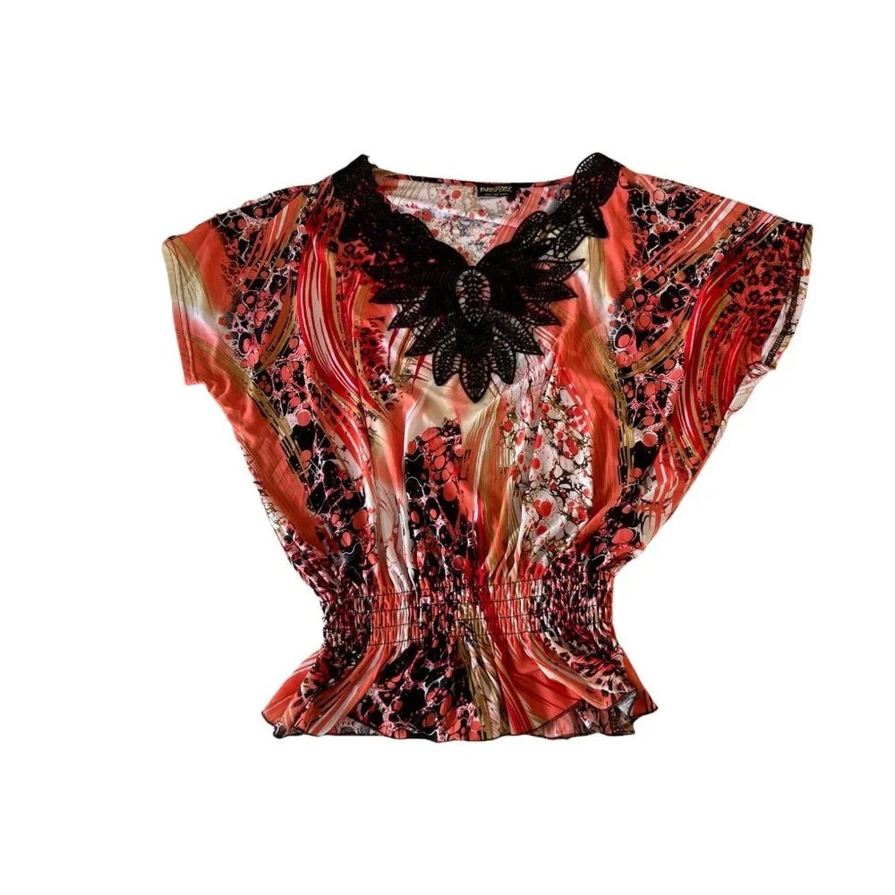 Paris Pink Womens Shirt Medium Pink Black Top V-Neck Spring Summer Work Career - Picture 1 of 8